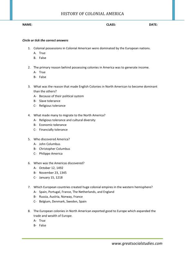 Colonial America facts, history of colonial America, worksheet