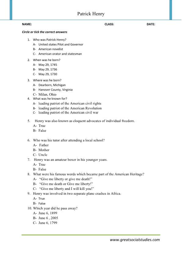 Patrick henry biography, Patrick henry quotes, printable worksheets