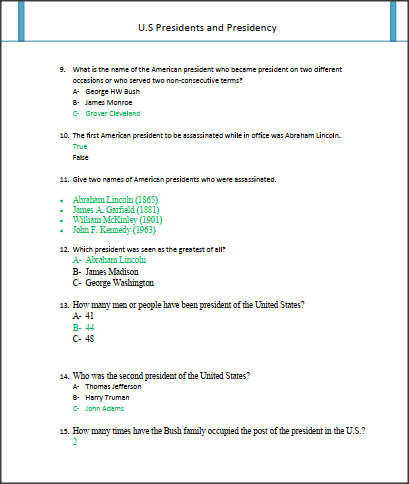 Presidents of the united states questions and answers pdf