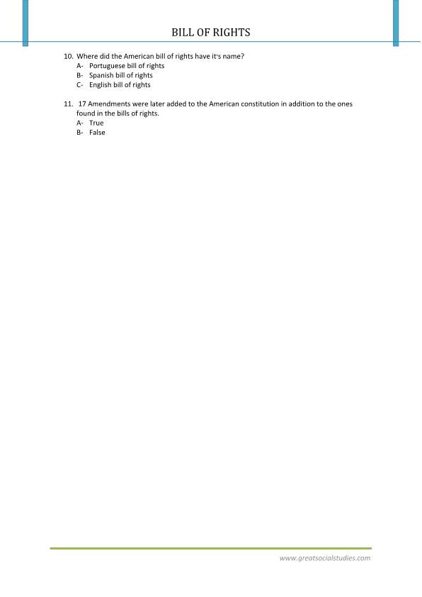 United States bill of rights, American history worksheets, bill of rights summary