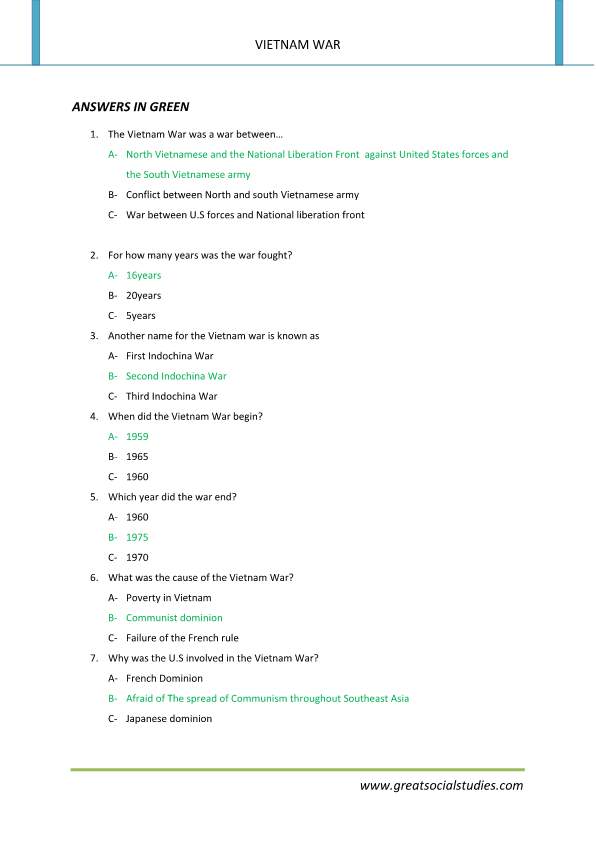 What is the Vietnam War, Facts about Vietnam war, American history worksheets