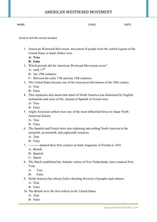 The westward movement in American history, work sheet, summary of ...